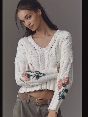 Pilcro Oversized Embroidered Cable-Knit Sweater
